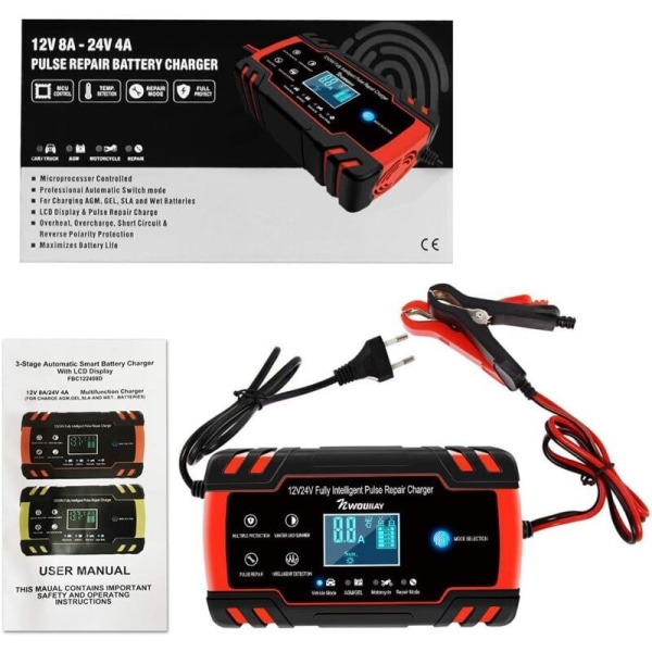 8A Bilbatterioplader 12V/24V Bilbatterioplader Fuldautomatisk Intelligent Vedligeholdelsesoplader med LCD-display Flere Beskyttelser til Bilbatteri