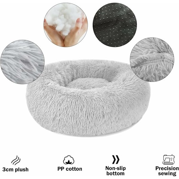 Rund Mjuk Hund- och Kattbädd - Plysch Lugnande Anti-Stress Katt- och Hundkudde, Tvättsbar Bekväm Donutbädd för Små och Medelstora Hundar och Katter (Grå, 60 cm)