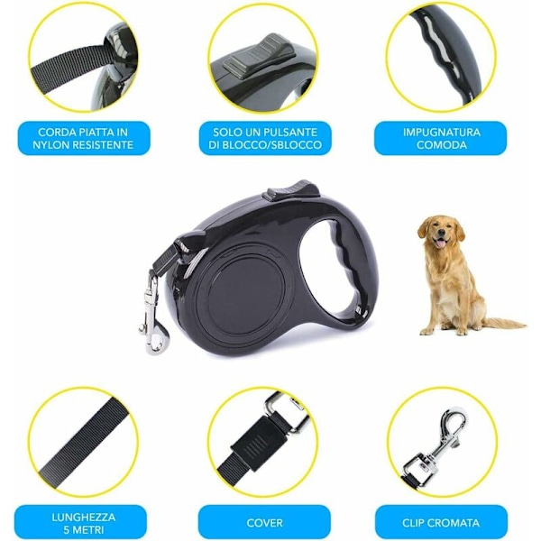Utvidbar hundekobbel for mellomstore og små hunder, 5 meter (svart)