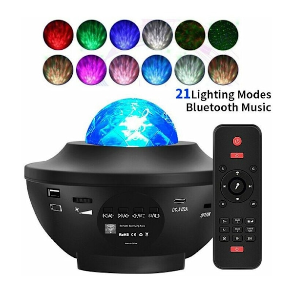 LED Stjernehimmel-projektor Stjerne Galaxy-projektorlys 21 lysmoduser 360° roterbar havbølger Bluetooth-høyttalerboks Timer nattlys Gave til B