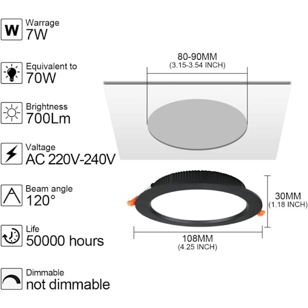 Sats med 10 extra platta svarta infällda LED-spotlights, 700LM 7W runda infällda tak-LED = 70W glödlampa, varmvit 3000K, AC 220-240V, IP44, inomhus