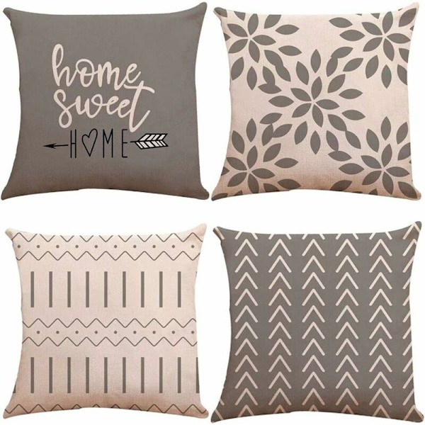 Kuddfodral Set om 4, Modern Soffa Kuddfodral, Dekorativt Utomhus Linne Kuddfodral för Soffa Säng Bil (Grå, 45x45cm, Set om 4)-DENUO
