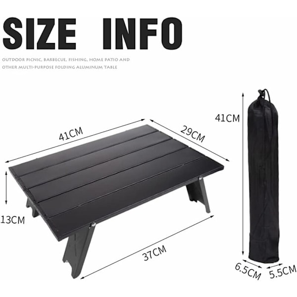 Campingbord, Vikbart, Bärbart, Aluminium, Mini, Kompakt, för Camping, Picknick, Utomhus, Resa, Strand, 39.5x28x12cm (Svart)