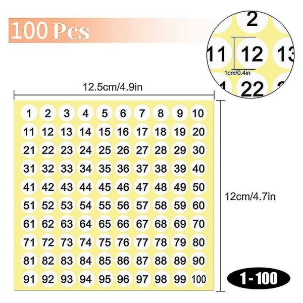 100 arkkia numeroituja tarratarroja 1-100 pyöreä numerotarra