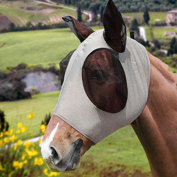 Hestemaske Fluemaske med ører til beskyttelse mod UV og flue, behagelig og strækbar Velegnet til de fleste store heste