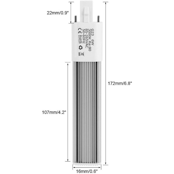 6W 2-polet kompakt fluorescerende pære, G23/GX23 fluorescerende pære med vandret rørbase, 3000K (varmhvid G23)