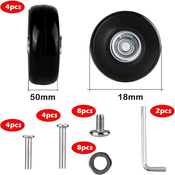 Sæt med 4 udskiftningshjul til kuffert - Gummiudskiftningshjul - 50 mm x 18 mm - til bagage og rulleskøjter, Sort, Udskiftningshjul til kuffert