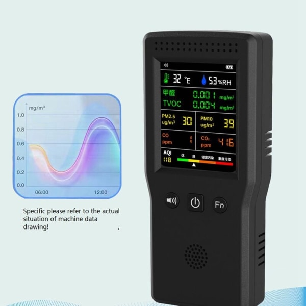 9 in 1 Ilmanlaadunilmaisin LCD-näyttö PM2.5 PM10 HCHO TVOC CO CO2 Lämpötila Kosteus Ilmanlaadunvalvonta Musta