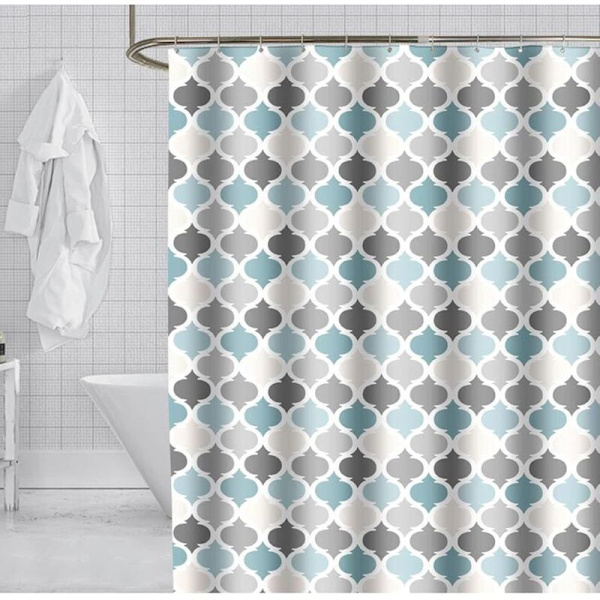 Dusjforheng mot mugg, baderomgardiner i polyesterstoff med 12 kroker, maskinvaskbart i blått mønster, B 150 x H 200 cm