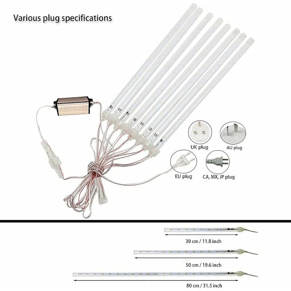 (Hvid) Meteor Regn Lys 80cm 10 Rør 720 LED Meteor Regn Lys Regnbruser Lys Korrosionsbestandig til Bryllup, Fest, Have Træ H