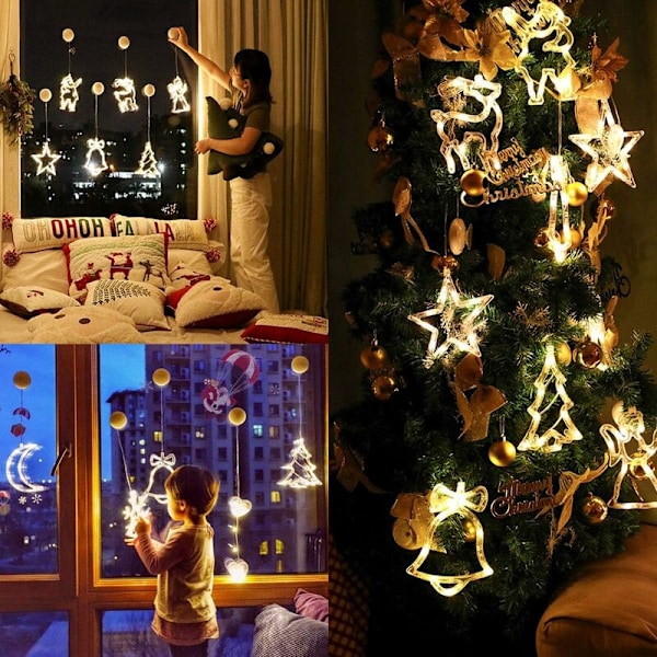2 stycken jul fönsterlampor LED sugkopp lampor julgran tomte klockor älg jul fönsterhängande för juldekoration (Hea
