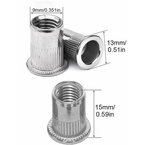 100 stk M6 flate hode naglemutter, rustfritt stål naglemutter, flate hode gjengede innlegg, M6 naglemutter, M6 naglemutter