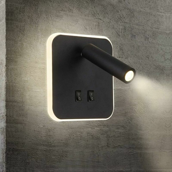 LED Sengelamper Indendørs Hotel Vægslampe Seng Vægslamper Gang Vægslampe med Afbryder Sort 3W + 10W -Versailles (Kvadrat)