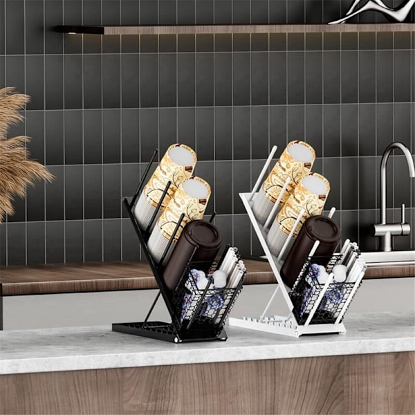 Kaffekoppholder for pauserom, kjøkkenbenk, justerbar høyde, 4 rom, lokkorganisator, oppbevaring, bar B