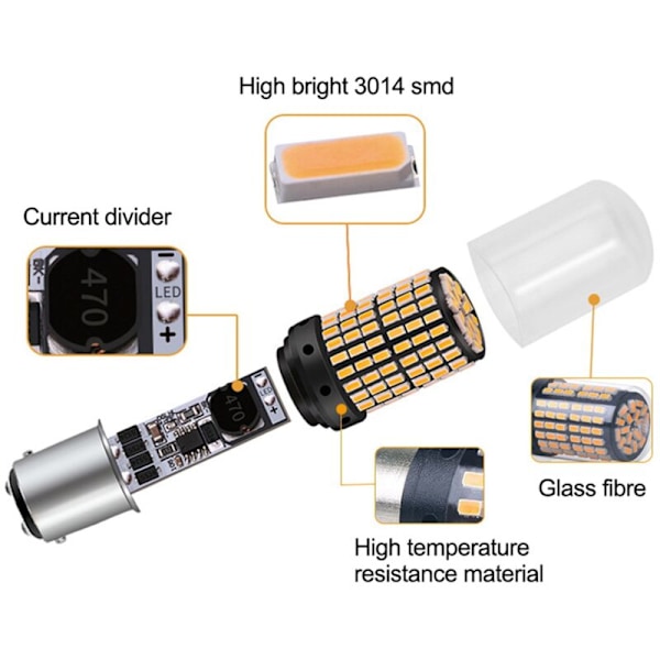 2 stk. Super LED Canbus 1157 BAY15D P21/24W Bil 12V Baklys Reverslys Brems Blinklys Pære Gul
