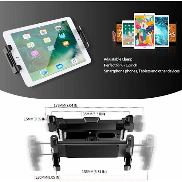 Biltabletshållare, tablethållare för bil Universal nackstöd Auto Rotation 360° Justerbar storlek 6-12 tum för iPad 2/3/4 / Mini/Air, Samsung Galaxy T
