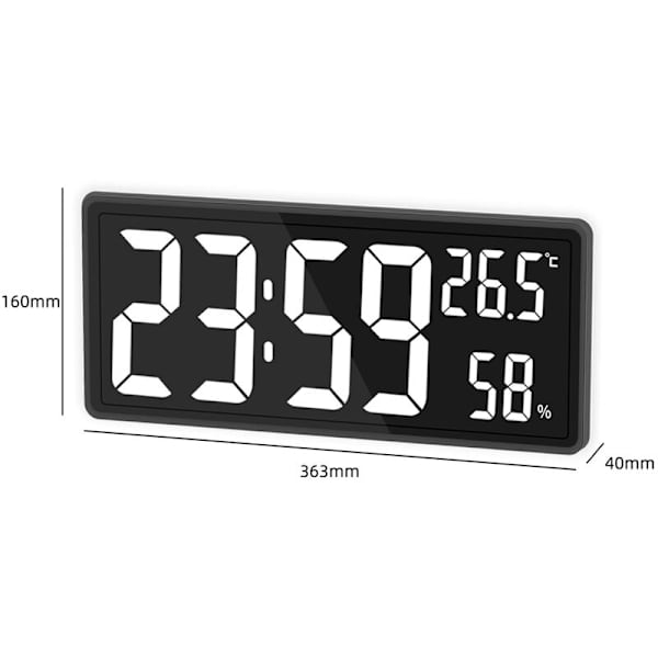 LED Digital Væg Ur, Store Cifre Display, Indendørs Temperatur og Fugtighed, til Bondehus, Klasseværelse, Kontor Hvid