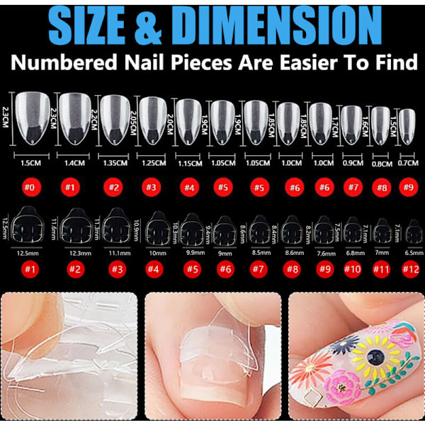 Korte Mandel Negletips, Fuld Dækning Negletips, Semi Mat Forformede Negletips, Gel Negletips - 360 Stk 10 Størrelser, 4 Stk Neglelim