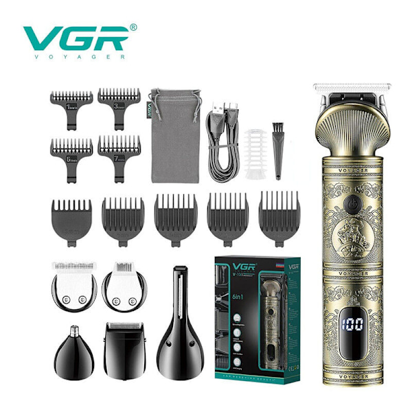 VGR Grooming Kit: 6 i 1 Hårklipper, Næsetrimmer, Skraber, Professionel Genopladelig Kropsklipper, Metal Vintage Stil.