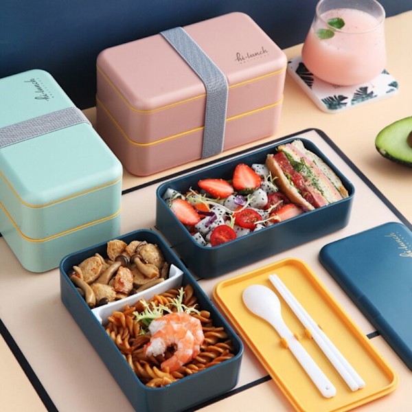 Bento-laatikot lapsille ja aikuisille, Premium Japanilainen pinotava All-in-One -astia lusikoilla (Vaaleanpunainen)