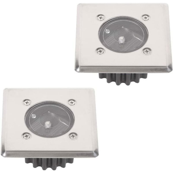 Set med 2 Solcells LED Inbyggda Markbelysning - Kvadratisk - 8,5 x 8,5 cm - Rostfritt Stål - 2 Inbyggda Spotlights - IP44