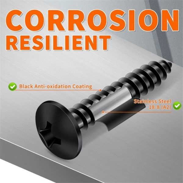 100 stk. 6 x 5/8 tommer 18-8 (A2) rustfrit stål spidshoved træskruer, gevind med sort belægning