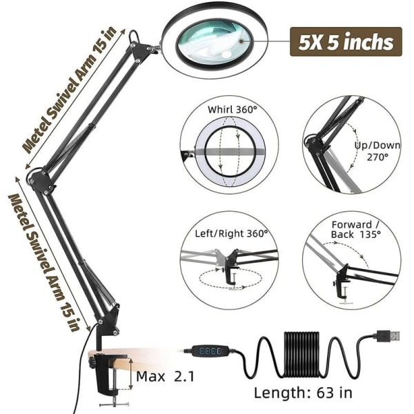 Forstørrelsesglas med lys og stativ, 3 farvetilstande trinløs dæmpning LED-bordlampe, brugt til læsning og reparation