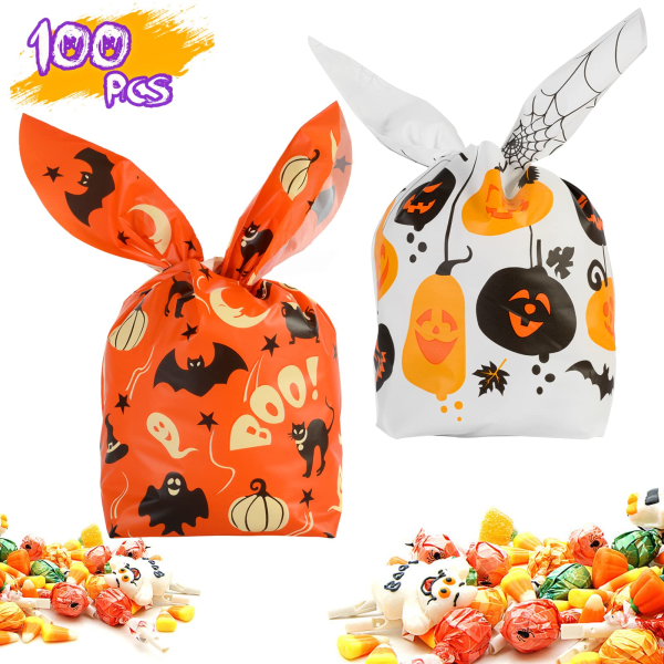 100 stykker Halloween godteriposer, Kids Trick or Treat-poser Gaveposer, Søte kaninører Små Halloween-kaker Plastgaveposer