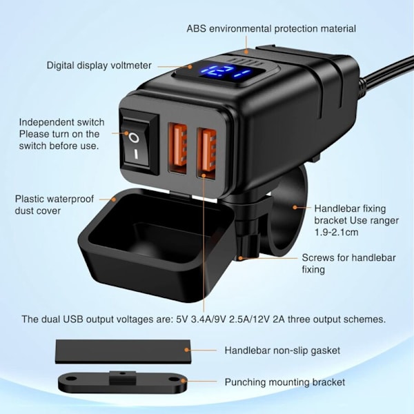 USB-oplader, 6,8A opladning 3.0 dobbelt USB-telefonoplader med voltmeter og tænd/sluk-knap