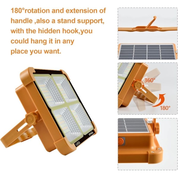 100W 10000LM Uppladdningsbar LED-Arbetslampa, Bärbar Lykta med Solpanel, 16500mAh USB-Laddningsbar Lampa, för Camping, Byggnadsarbeten