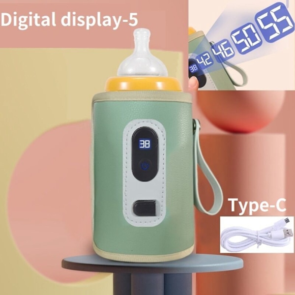 USB-mjölkvarmare Resväska Isolerad Väska Digital Display Babyflaska Värmare för Utomhus -Grön