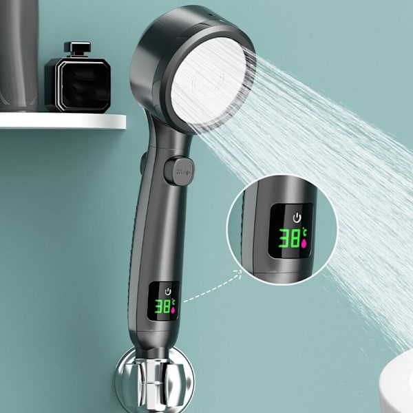 Brusehoved Digital LED-display Vandspare Brusehoved til Voksen Badeværelse 4 Tilstande Justerbar Spray Brusehoveder Sort