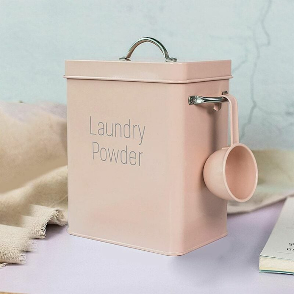 Tøyvaskpulverboks med skje, 4L vaskemiddelbøtte, metallvaskemiddelbeholder for oppbevaring i hjemmet Rosa
