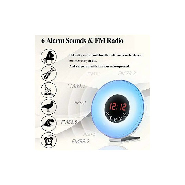 Vækkeur Lys Morgen- og Aftensolsimulator LED Sengelampe Touch Control med 10 Lysstyrkeniveauer Snooze-funktion, Digital FM-radio, 6 Naturlyde,
