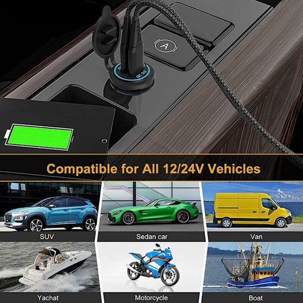 Nopea lataus 3.0 Kaksinkertainen USB-autonlaturin pistorasia Vedenpitävä 12V/24V QC3.0 Laturin pistorasia Virtapistoke Kosketuskytkimellä C