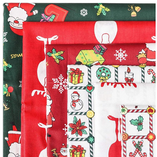 Set med 6 fyrkantiga bitar av jultema bomullstyg, snögubbe och jultomte tryckta sytyg konstset, 6-pack