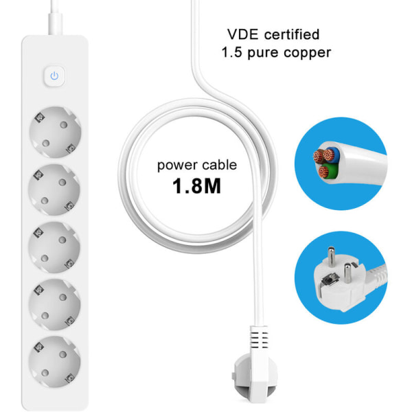 Elektrisk multistikkontakt forlængerledning 5 stik 2P Hvid 1,8m, Hvid