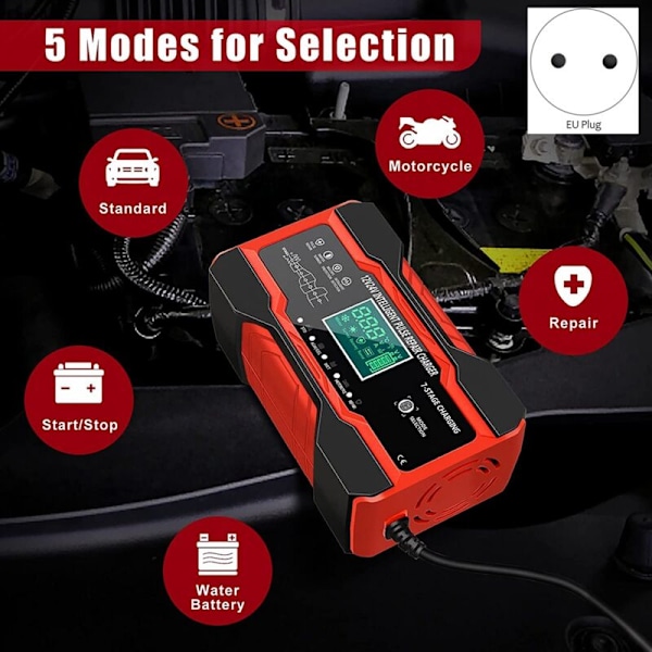 10 Amp Bilbatterioplader, Intelligent Fuldautomatisk 12V og 24V, Hold, EU-stik