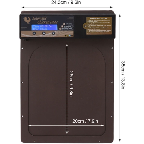 Automatisk Hönshusdörr med Timer, Tillverkad av Aluminiumlegering, IP45 Vattentät, LED-Skärm, Batteridriven, för Gård, Kaffe Brun
