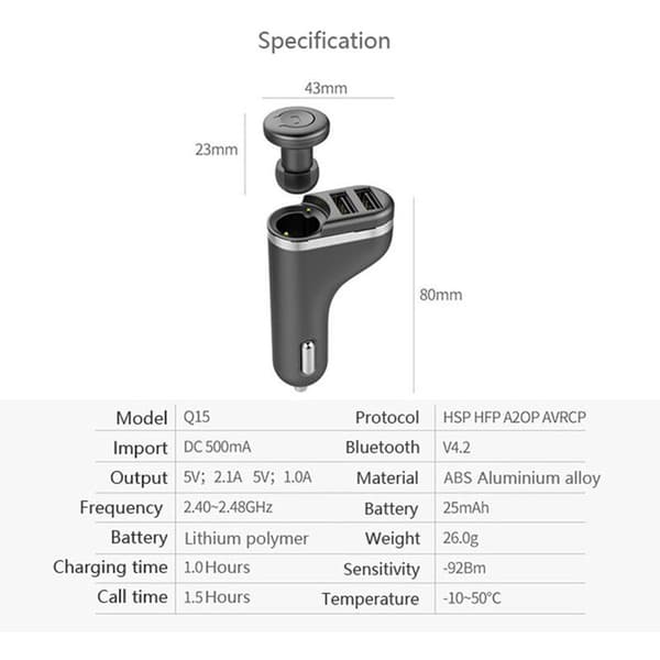 OVEVO Q15 Biloplader USB-interface Bluetooth Stereo Headset Besvar Opkald Til Telefon Mini Adapter