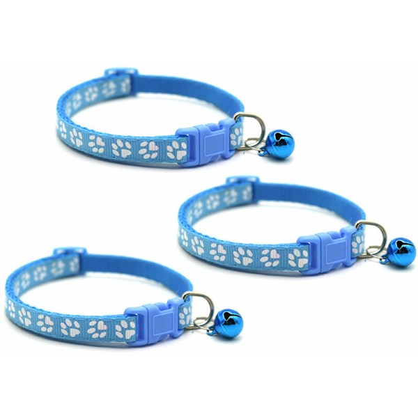 Set med 3 justerbara katt- och hundhalsband med klocka - Blå