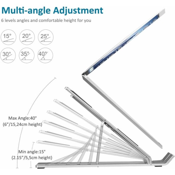 Bærbar computer stand, foldbar bærbar computer stand til at hæve 6 justerbare vinkler, skridsikker ventileret aluminiumsstand kompatibel med bærbar computer, tablet - Longziming sølv