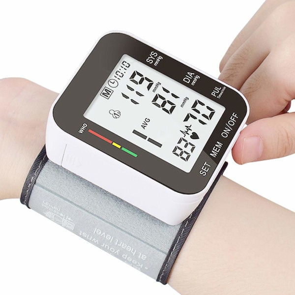 Blodtrycksmätare Automatisk handled - Bärbar LCD-skärm - Monitor för oregelbundna hjärtslag - Batteridriven - Svart