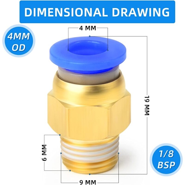 10 stk 4 mm rør OD x 1/8 BSP han Straight Push To Connect Fittings (PC4-01)