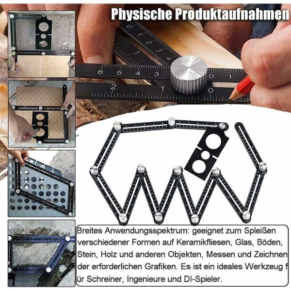 Malverktøy, Vinkelmal, Multivinkelmåler, 12-sidig aluminiumslegering, Multivinkelmåler, med vippeposisjoneringslinjal, Svart