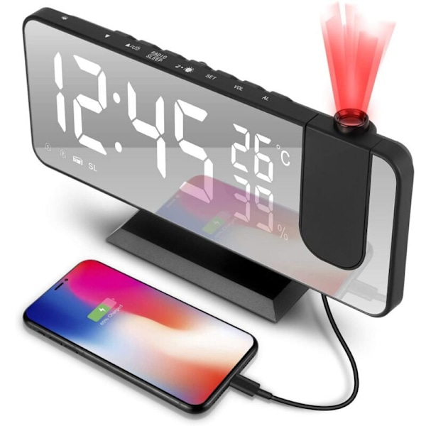Projektionsväckarklocka, digital LED-väckarklocka med 180° projektion, radioväckarklocka med USB-port, stor LED-skärm, dubbel väckarklocka med snooze-funktion, 4 ljusstyrkor
