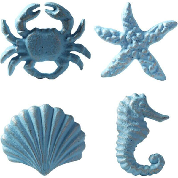 Retro Marine Style Støbejerns Skuffegreb - Køkken Skab Garderobe Skab Hardware - Søhest Søstjerne Krabbe Kammusling Mønster (4, Blå)