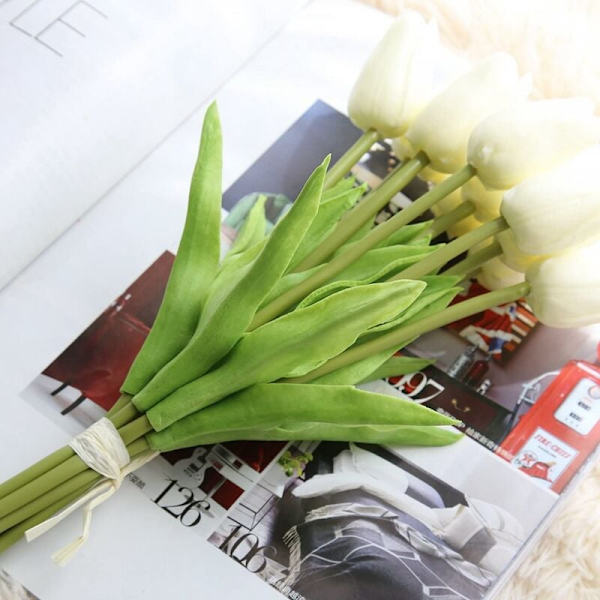 Konstgjorda blommor, konstgjord blombukett 20 stycken tulpaner serie Real Touch bröllopsbukett för hem blomsterdekoration (ingen vas)
