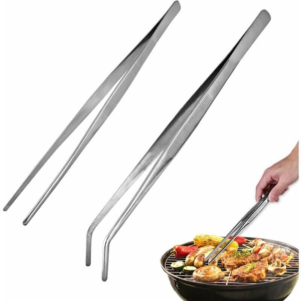 Set med 2 professionella, mångsidiga köks-tänger med böjd och rak spets.