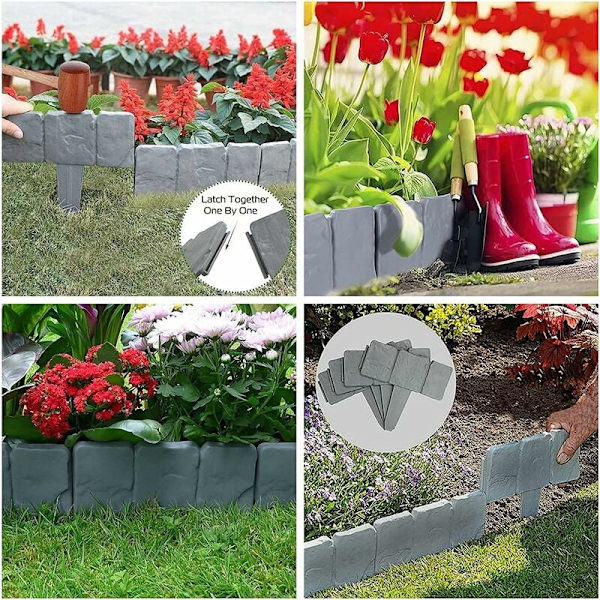 Steinutseende plen - Fleksibelt plastgjerde for hage - Kanting for plenklipping - Hagepalisade - Perfekt som dekorativt gjerde for palisade (10 deler/2,5 m)-